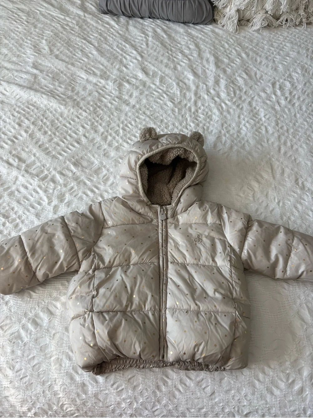 Baby Gap 12-18M Jacket with Hood in Light Taupe with Gold Dots